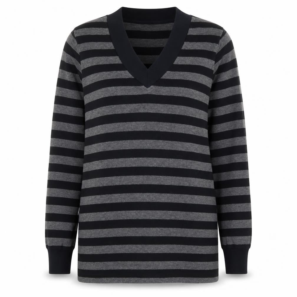 Front view of Casual Comfort women’s grey striped polyester pullover sweatshirt, size UK 12, pullover