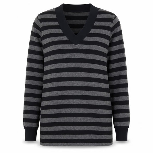 Front view of Casual Comfort women’s grey striped polyester pullover sweatshirt, size UK 12, pullover