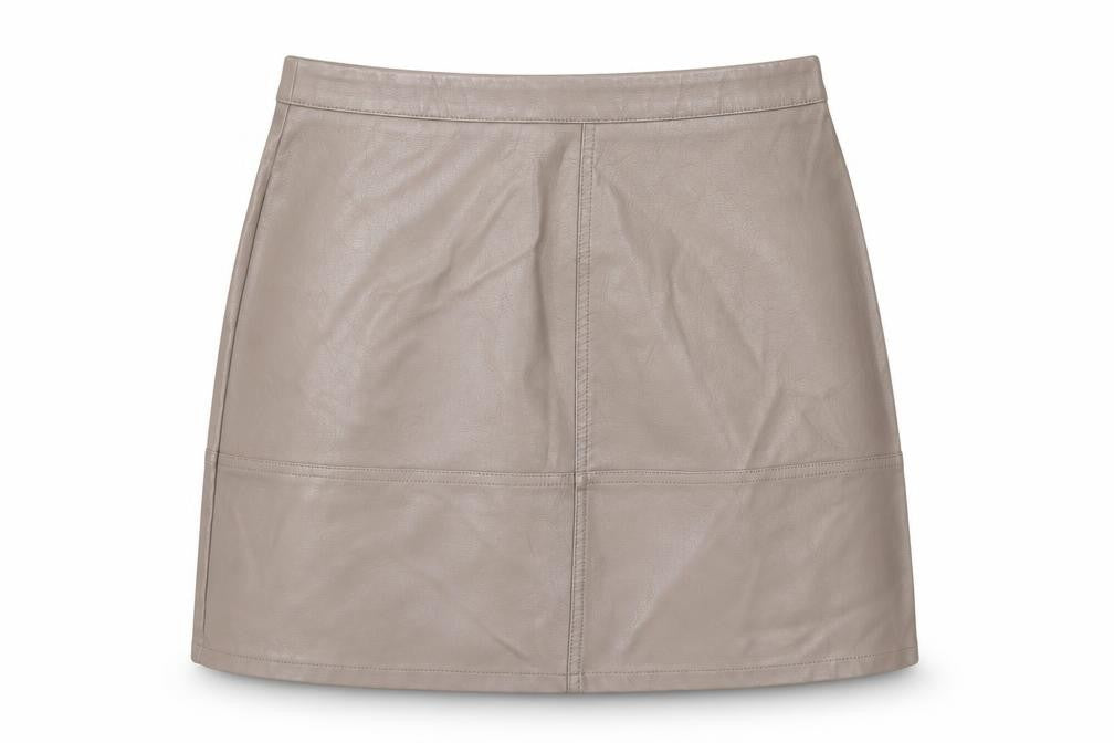 Front view of New Look women’s brown polyurethane a-line skirt, size UK 12, zip