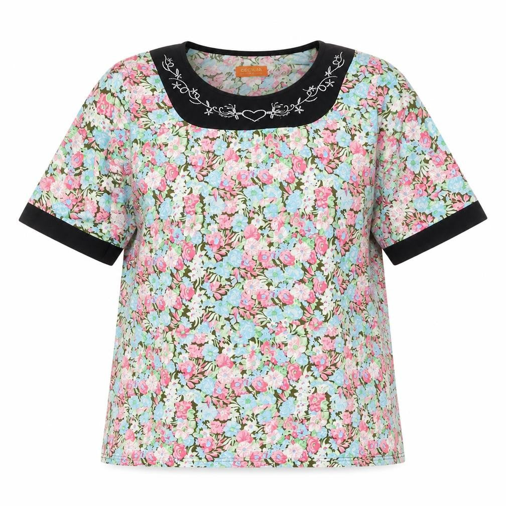 Front view of Cecilia women’s multicoloured floral polyester basic t-shirt, size M, round neck