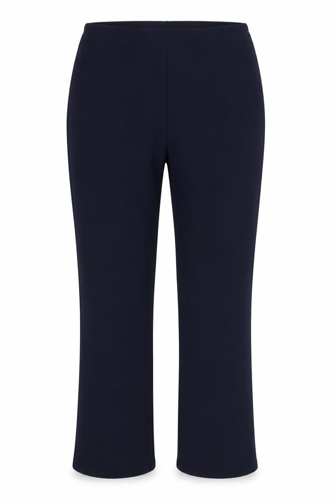 Front view of Preworn women’s blue polyester trousers, size UK 14, 27-inch leg regular