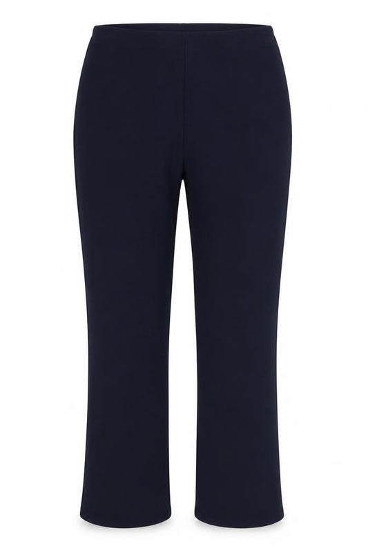 Front view of Preworn women’s blue polyester trousers, size UK 14, 27-inch leg regular
