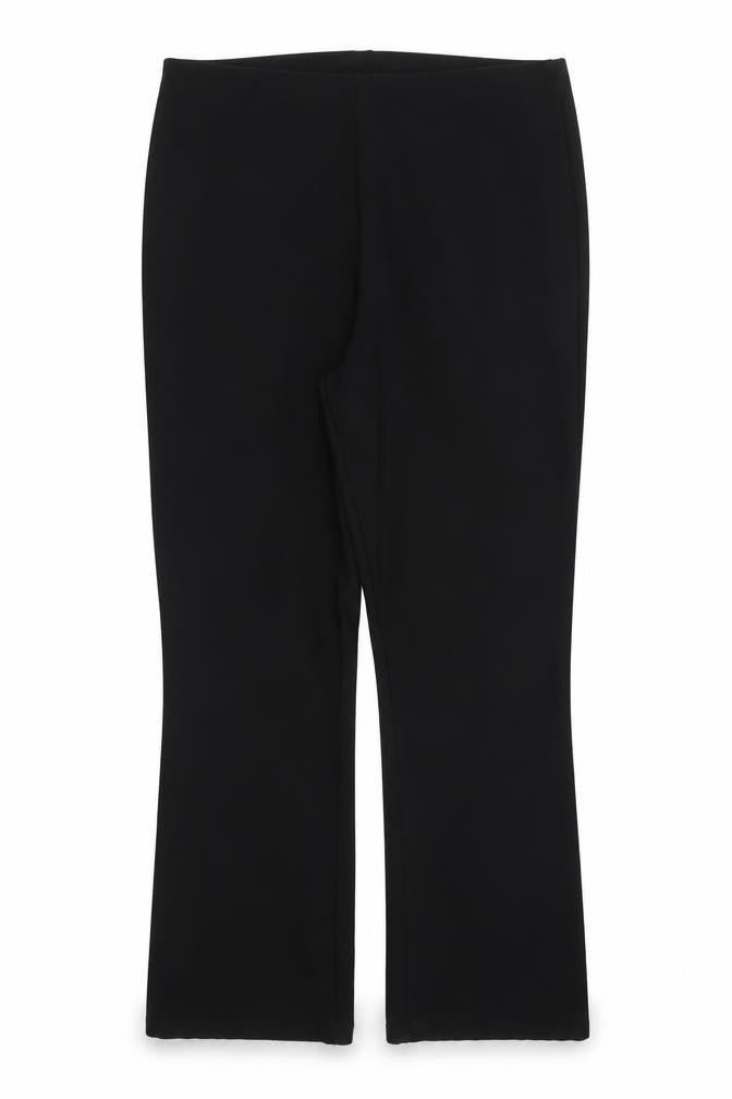 Front view of Preworn women’s black polyester trousers, size UK 12, 26-inch leg regular