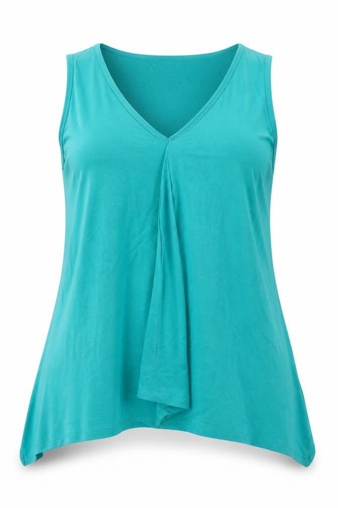 Front view of Bonmarché women’s blue viscose basic tank, size UK 14, v-neck