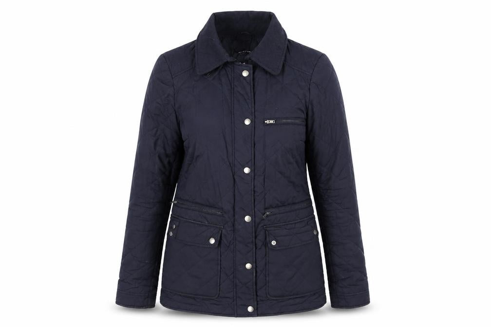 Front view of Dorothy Perkins women’s blue argyle/diamond pea coat jacket, size UK 8, zip