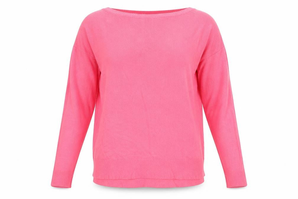 Front view of Nutmeg women’s pink boat neck acrylic jumper, size UK 12