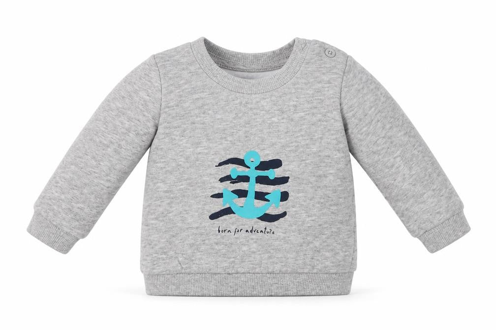 Front view of Matalan boys’ grey cotton basic casual, size 3-6, months crew neck buckle - born for adventure