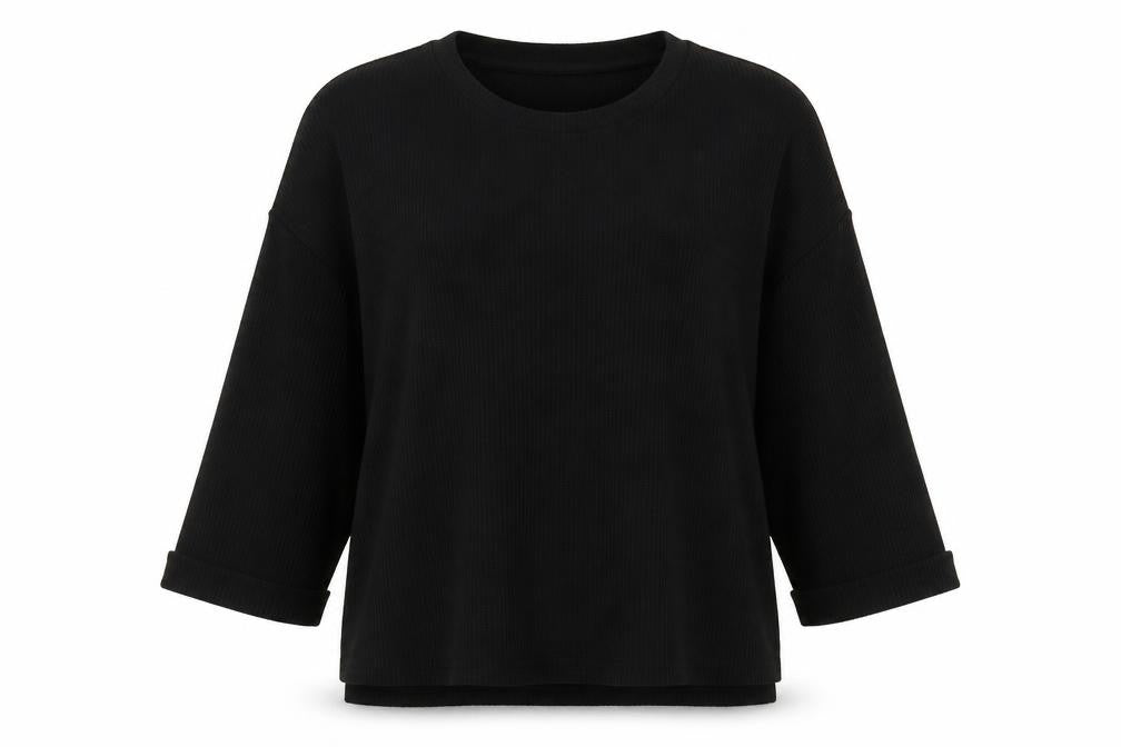 Front view of H&M women’s black polyester pullover sweatshirt, size L, pullover