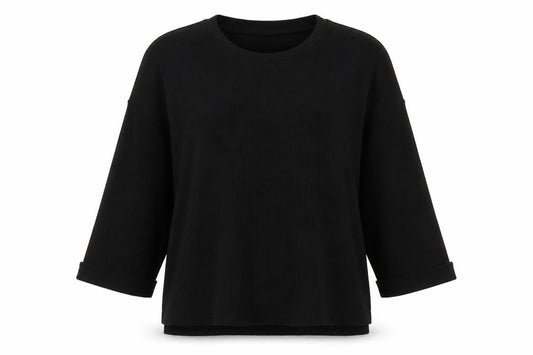 Front view of H&M women’s black polyester pullover sweatshirt, size L, pullover