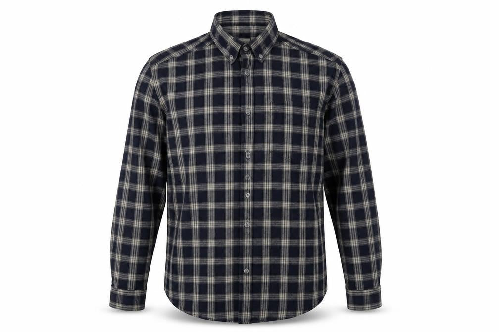 Front view of ASOS men’s blue check cotton button-up, size M, collared button