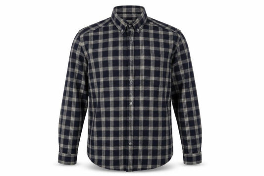Front view of ASOS men’s blue check cotton button-up, size M, collared button