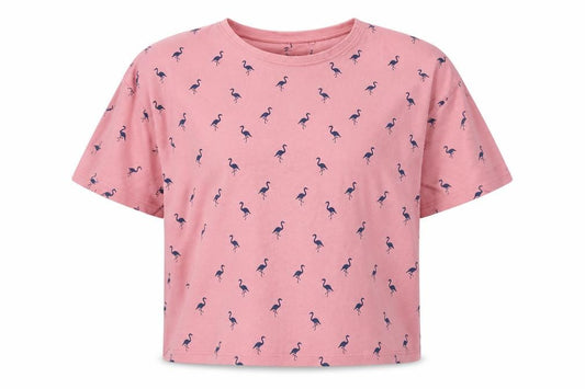 Front view of Next girls’ pink polka dot cotton pyjama top, size 12, years pullover - flamingo print