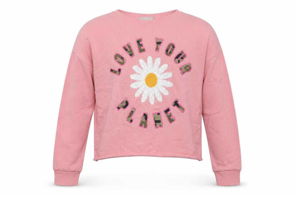 Front view of ext girls’ pink cotton basic casual, size 10, years crew neck pullover - love your planet