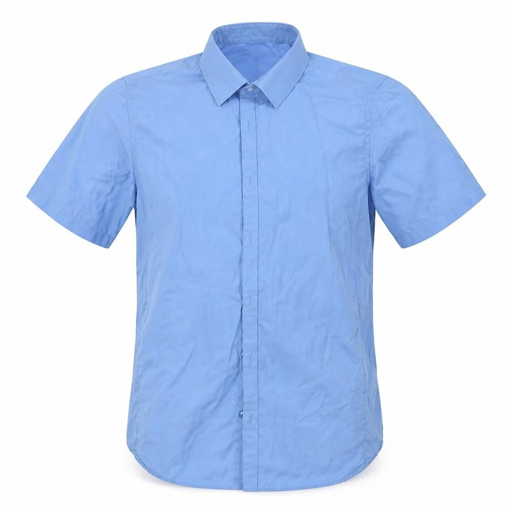 Front view of Marks & Spencer boys’ blue polyester basic button-up, size 12-13, years collared button - school wear