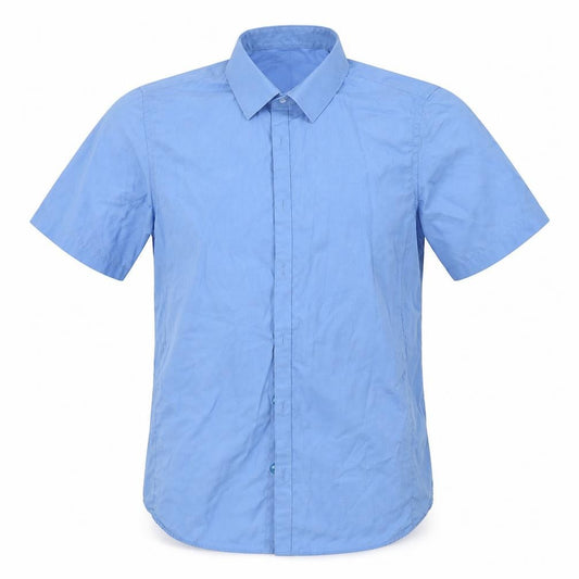 Front view of Marks & Spencer boys’ blue polyester basic button-up, size 12-13, years collared button - school wear
