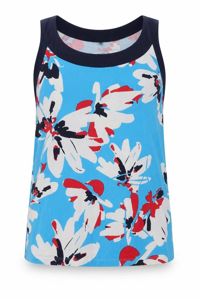 Front view of label be women’s blue floral viscose basic tank, size UK 14, crew neck