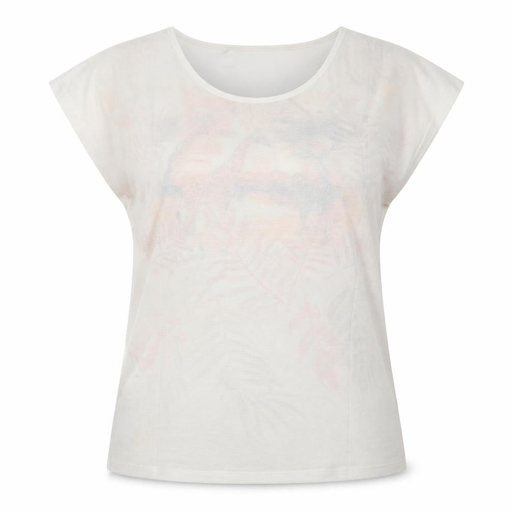Front view of Atlas women’s white geometric polyester basic t-shirt, size UK 14, crew neck