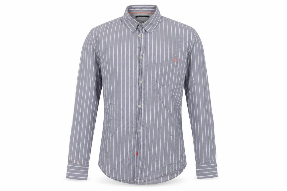 Front view of French Connection men’s blue striped cotton button-up, size S, collared button