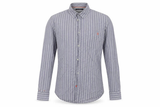 Front view of French Connection men’s blue striped cotton button-up, size S, collared button