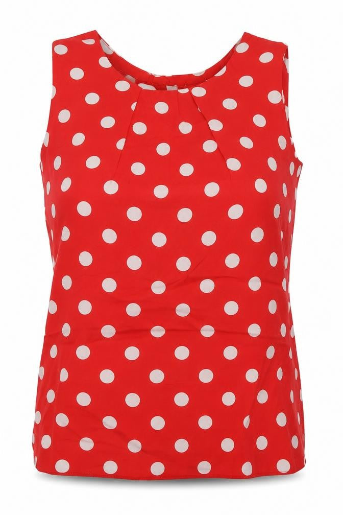 Front view of Dorothy Perkins women’s red polka dot viscose basic tank, size UK 8, crew neck