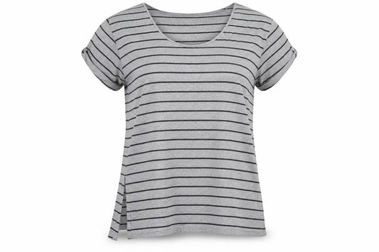 Front view of And / Or women’s grey striped polyester basic t-shirt, size UK 14, round neck