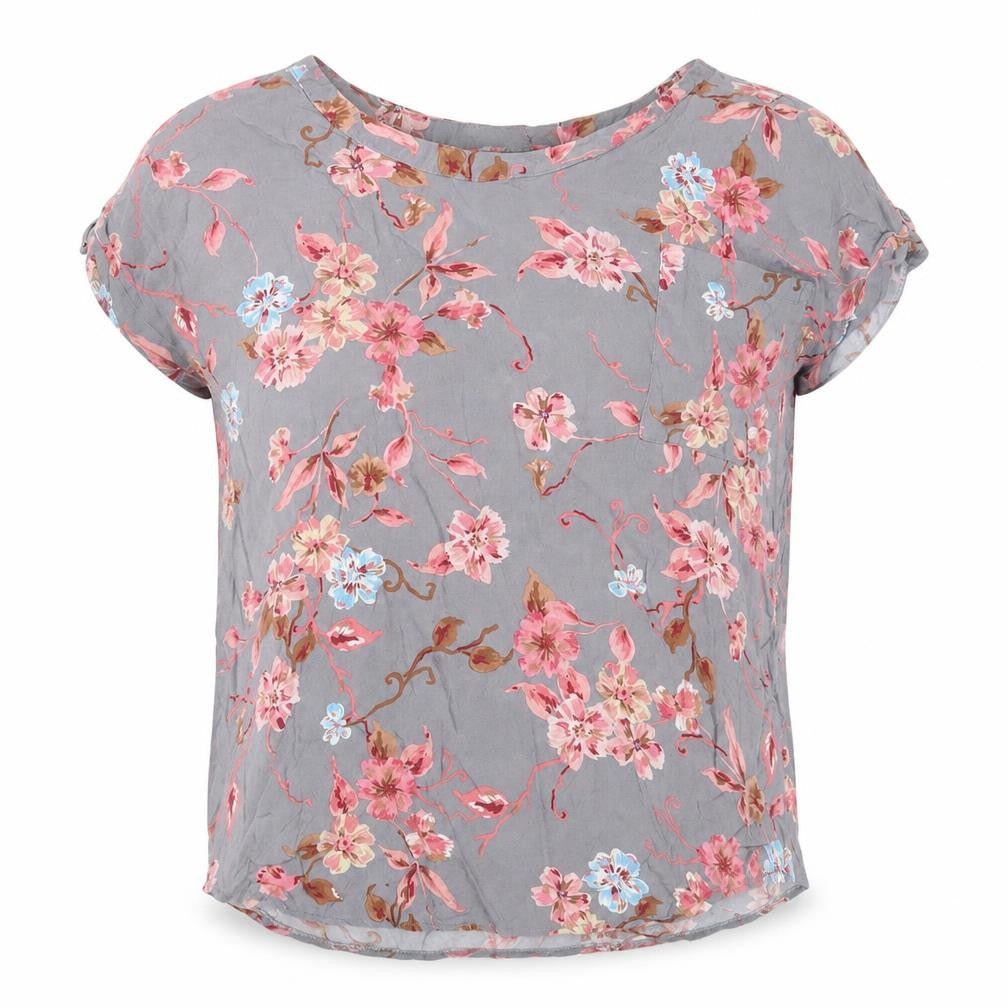 Front view of Atmosphere women’s grey floral viscose basic blouse, size UK 10, round neck