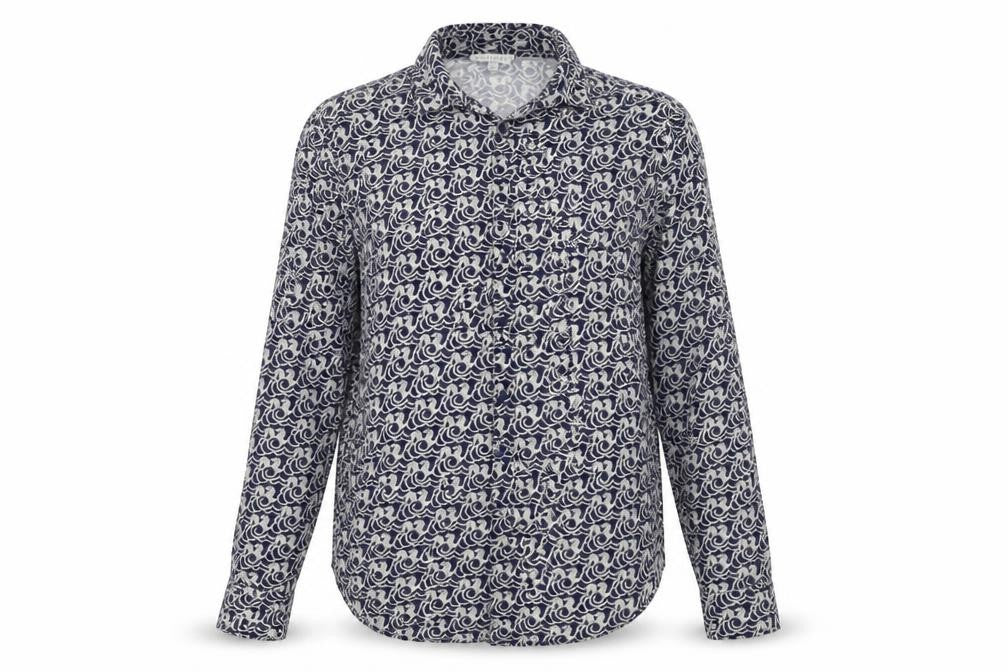 Front view of Warehouse women’s blue geometric viscose basic button-up, size UK 6, collared