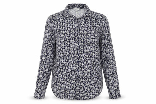 Front view of Warehouse women’s blue geometric viscose basic button-up, size UK 6, collared