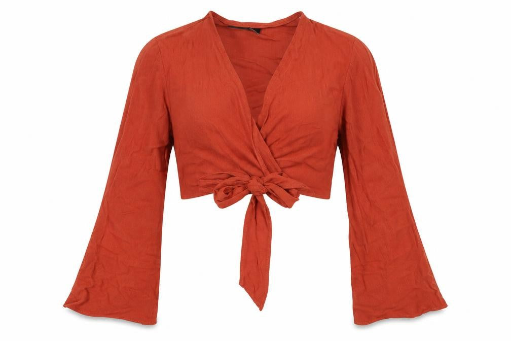 Front view of Missguided women’s orange viscose cropped blouse, size UK 4, v-neck
