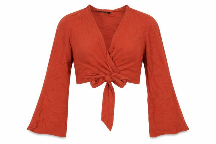 Front view of Missguided women’s orange viscose cropped blouse, size UK 4, v-neck