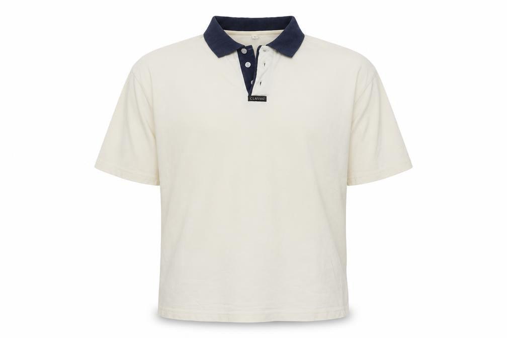 Front view of Preworn men’s ivory cotton polo, size L, collared