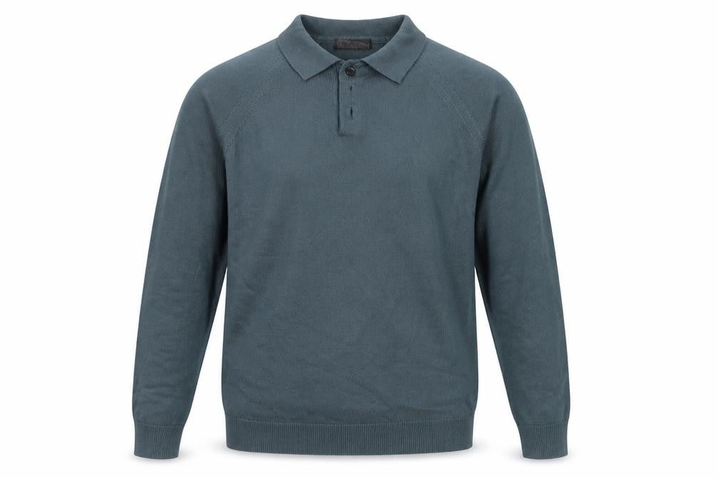 Front view of BHS men’s blue collared acrylic jumper, size S