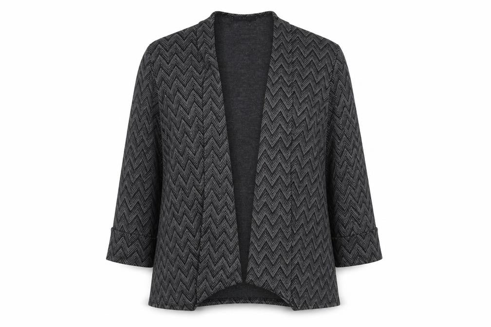 Front view of CMD women’s grey round neck polyester cardigan jumper, size M