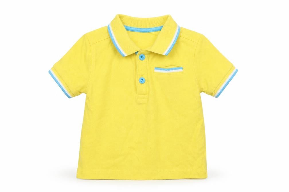Front view of Mini Club boys’ yellow cotton basic polo, size 12-18, months collared