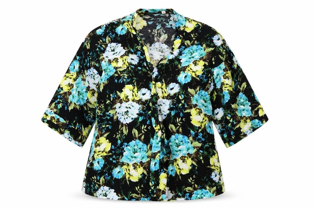 Front view of Papaya women’s multicoloured floral viscose wrap blouse, size UK 16, v-neck