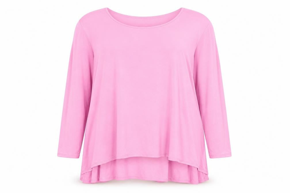 Front view of Michele Hope women’s pink viscose basic t-shirt, size UK 14, round neck