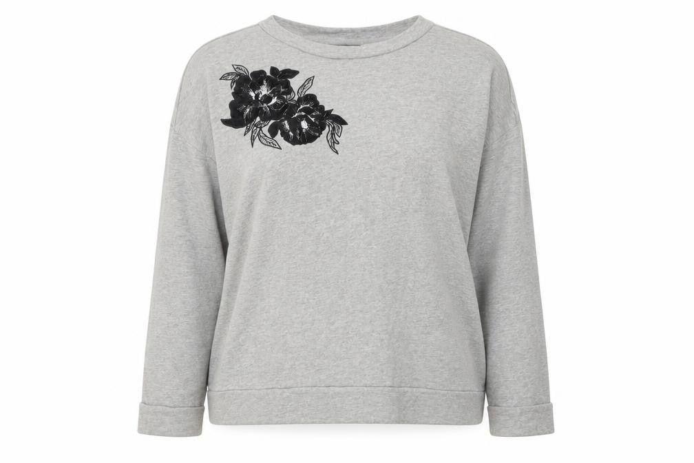 Front view of Marks & Spencer women’s grey round neck cotton jumper, size UK 16