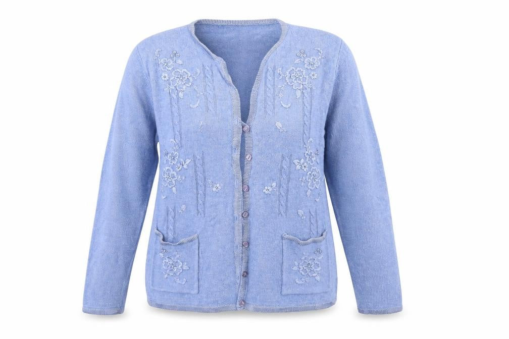 Front view of Nutshell women’s blue round neck acrylic cardigan jumper, size M