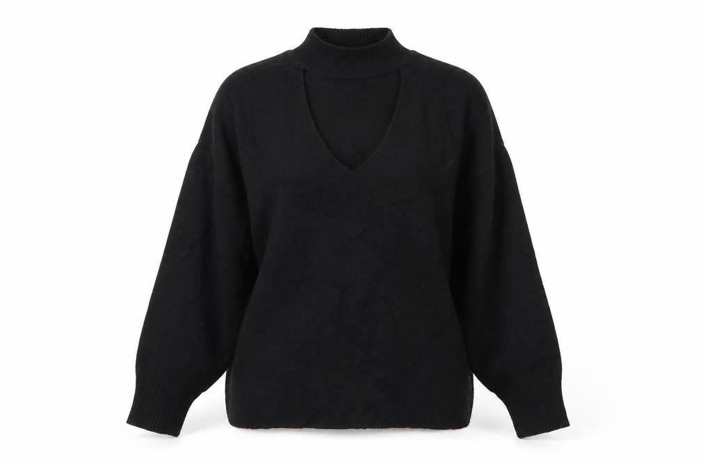 Front view of F&F women’s black high neck viscose jumper, size UK 12