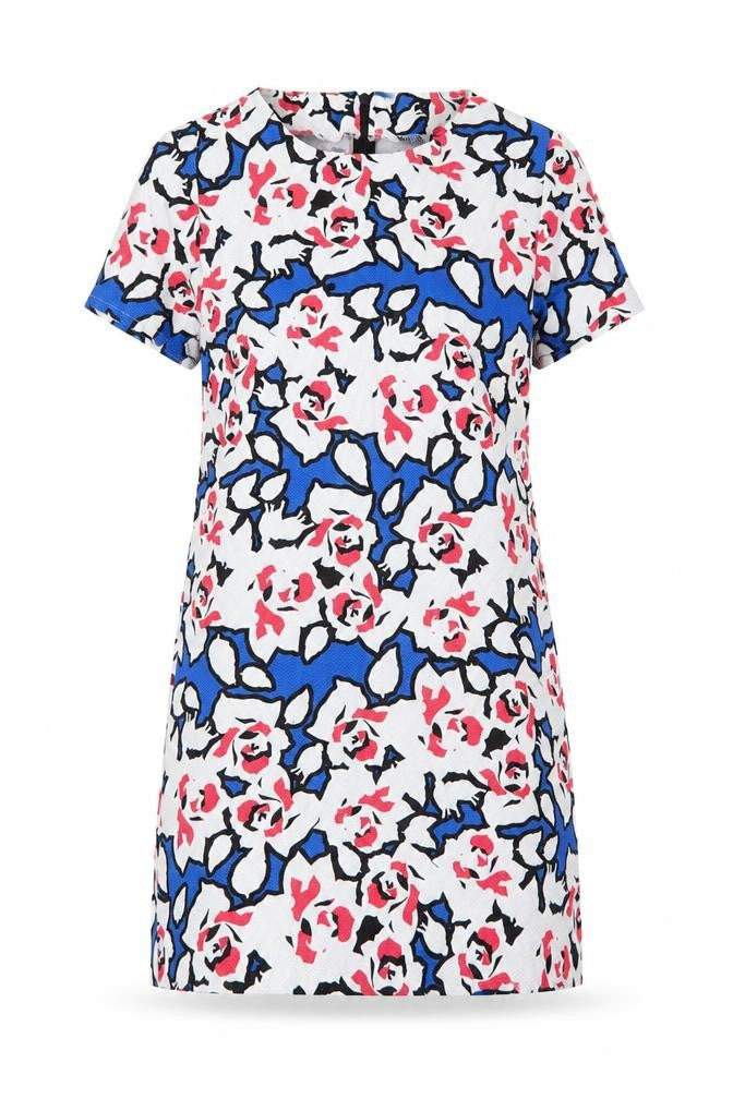 Front view of women’s multicoloured floral polyester a-line, size UK 12, round neck
