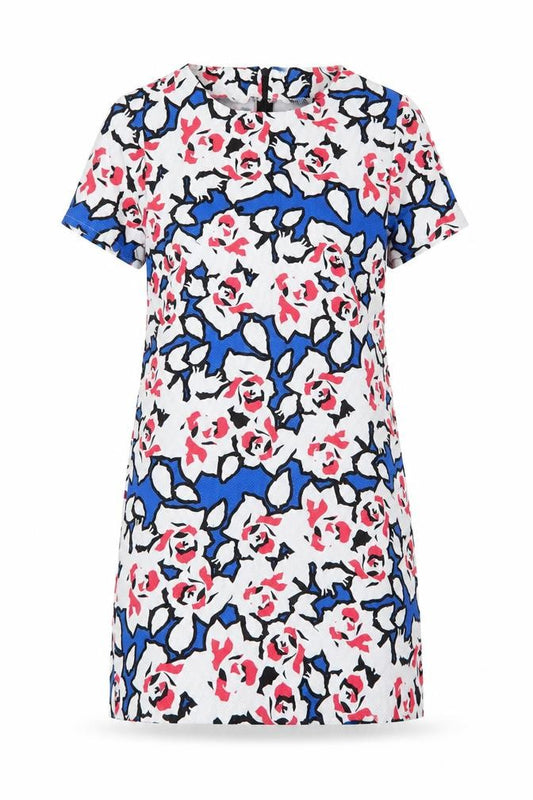 Front view of women’s multicoloured floral polyester a-line, size UK 12, round neck