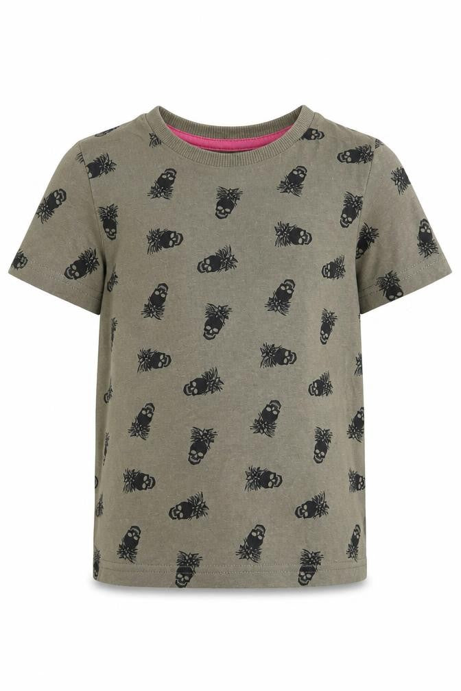 Front view of Matalan boys’ green geometric cotton basic t-shirt, size 4, years crew neck - skull print