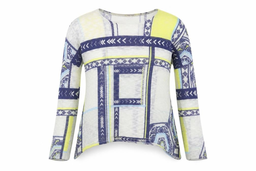 Front view of River Island women’s blue round neck geometric polyester jumper, size UK 10