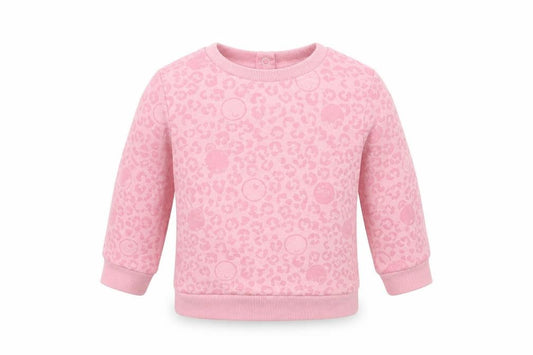 Front view of Mothercare Baby Pink Animal Print Cotton jumper, size 12-18, Months Snap