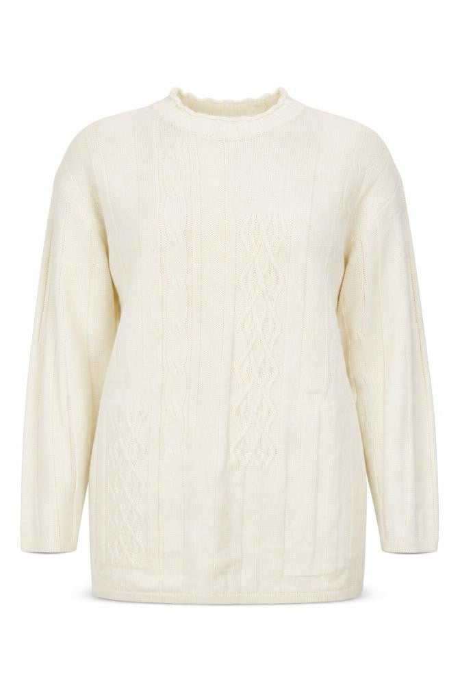 Front view of Marks & Spencer women’s white round neck acrylic jumper, size UK 10