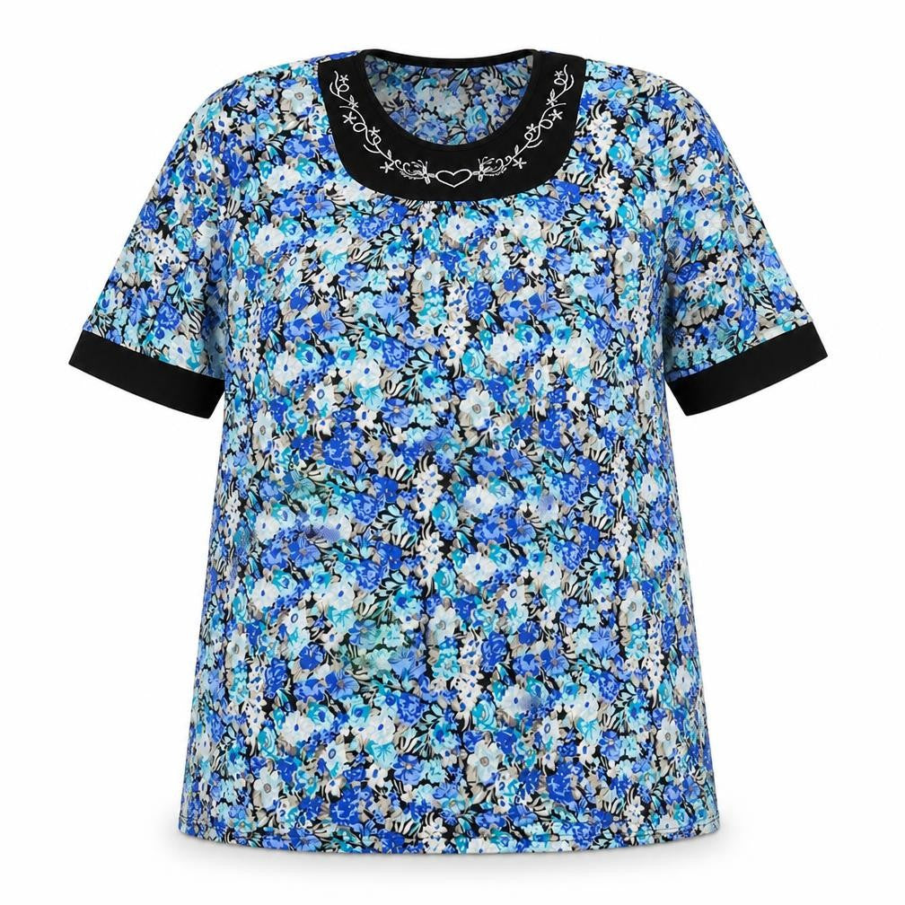 Front view of Cecilia women’s blue floral polyester basic t-shirt, size XL, round neck
