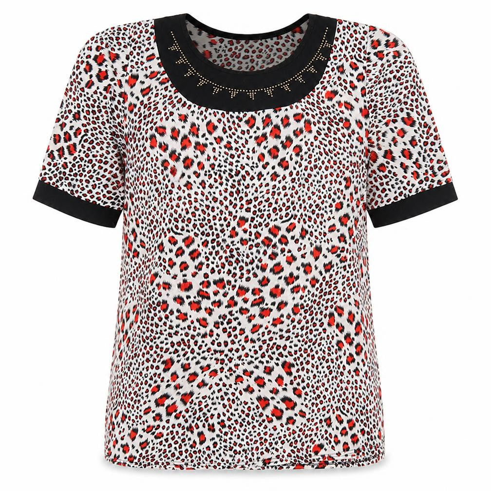 Cecilia Womens Red Animal Print Cotton Basic T-Shirt Size M Round Neck