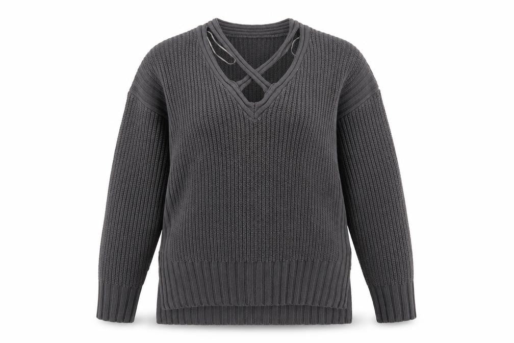 Front view of Papaya women’s grey v-neck acrylic jumper, size M