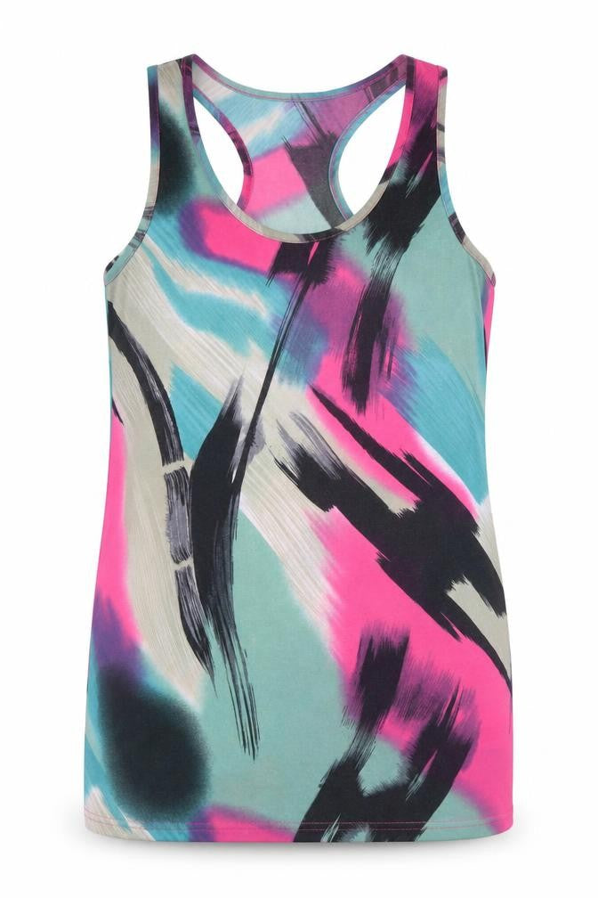 Front view of ICHI women’s blue geometric polyester basic tank, size L, round neck