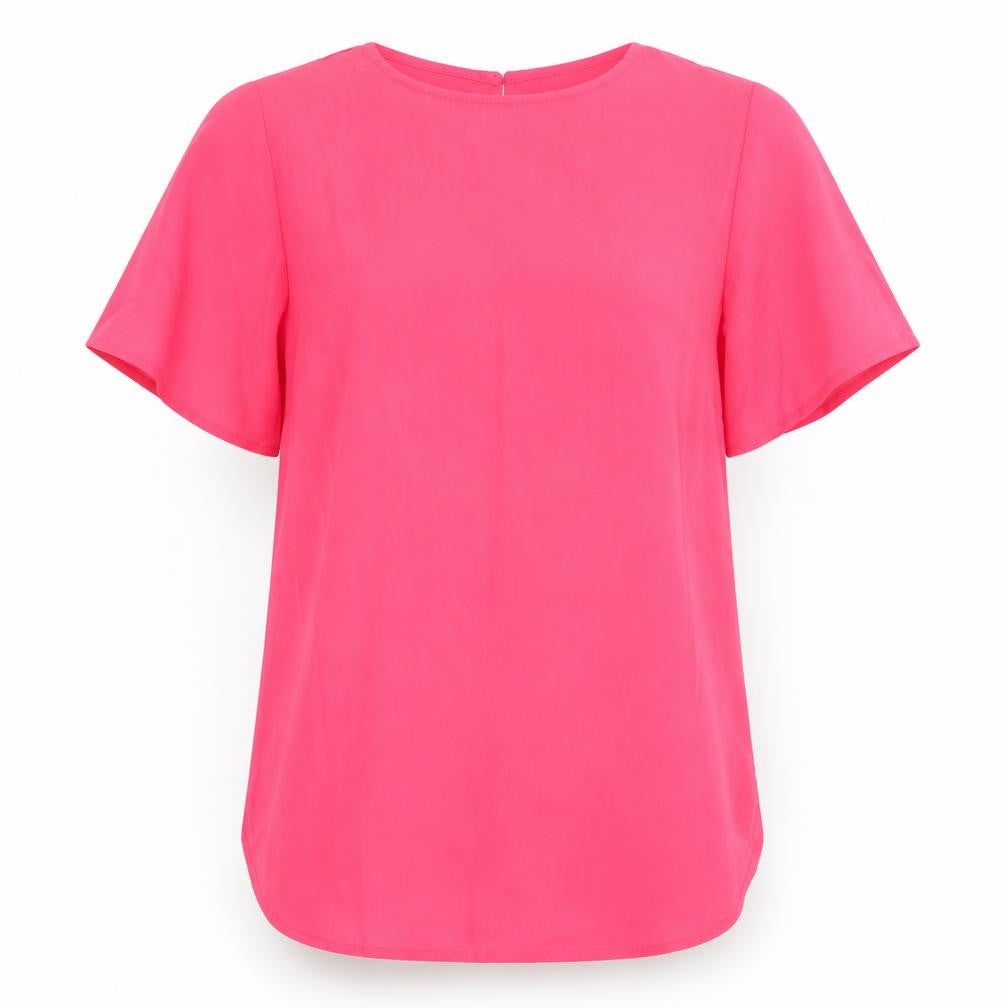 Front view of Studio women’s pink polyester basic blouse, size UK 8, crew neck